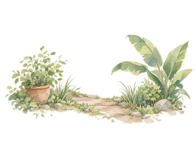 庭の緑と植木鉢を描いた概念画