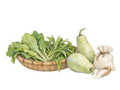 野菜と米粉の袋を置いた売り場の概念画