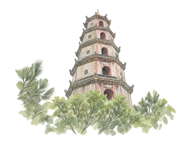 樹木越しに見えるティエンムー寺の七層塔