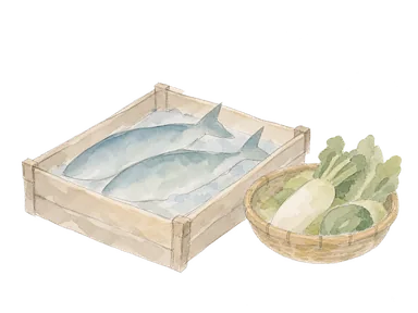 魚を入れる浅い箱と野菜かごで市場の品物を表す概念画