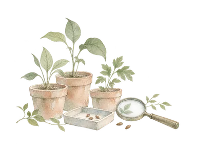 鉢植え、種子トレーと虫眼鏡で植物の研究と保全を表した概念的な水彩。特定の植物種や園内展示の再現ではない。