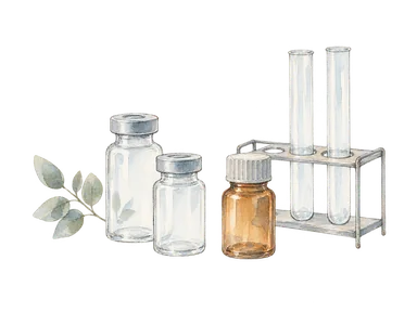 無標識のガラス瓶と試験管で医薬品製造の仕事を表した概念的な水彩。1955年の実設備や特定製品の再現ではない。