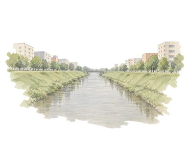 2009年の写真で確認したバフルイ川の細い水路と草の両岸、集合住宅の一部を省略して描いた水彩。