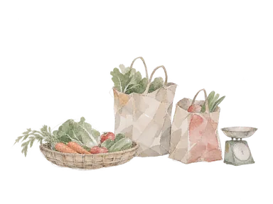 野菜のかごと無地の食料品の袋で町の小売を表す概念画