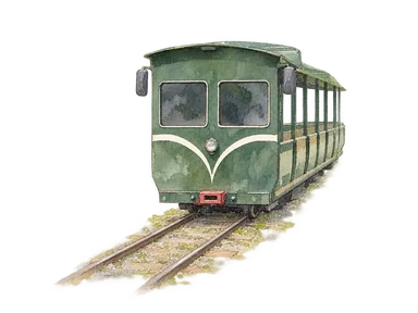 2007年の参照写真に基づく緑の園内列車の前面と客車の一部