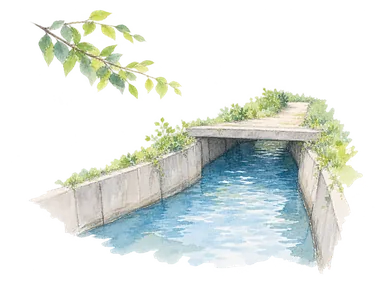 水路と蓋の上の緑道で目黒川の変化を表した概念水彩。実際の大橋付近の再現ではない