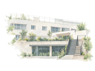 HOME/WORK VILLAGEの旧校舎正面の窓列とガラス入口、右の外階段の部分水彩