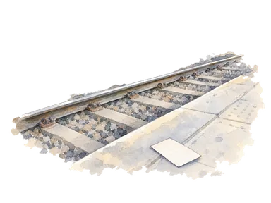線路とホーム端、無地の切符で地下鉄道の移動を表した概念水彩。池尻大橋駅の再現ではない
