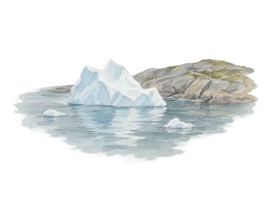 海に浮かぶ氷山と低い岩岸で氷の景観を表した概念画。氷河前面の位置や縮尺を再現した図ではありません