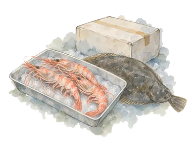エビとカレイ類、無地の出荷箱で水産加工を表したイメージ。魚種の識別図や特定の商品ではありません