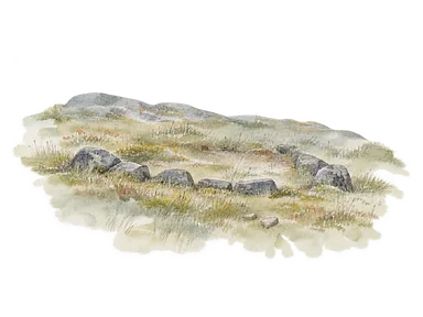 石と草に覆われた地面で古い集落の痕跡を表した考古学の概念画。実在の遺構や住居の復元ではありません