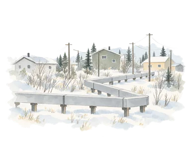 地上の断熱管路と一般的な低層住宅を示す給排水設備の概念画。特定の住宅や内部の配管断面を再現していません。