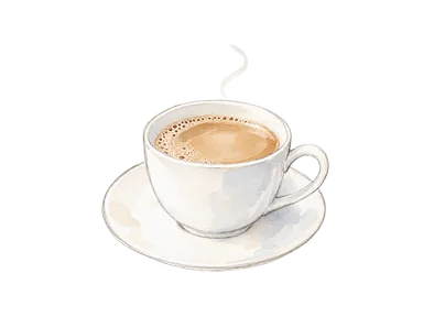 ホワイトコーヒーを表す、乳褐色のコーヒーを入れた無地のカップと受け皿。