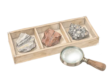 地質を学ぶ仕事を表す、無名の岩石片とルーペ、鉱物用の小箱の概念画。