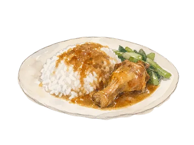 ナシ・ガンジャの構成を表す、ご飯とカレー、野菜、鶏肉を簡略化した一皿の概念画。