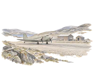 1940年代の滑走路と小さな航空機をイメージした想像図。実在の基地配置や特定機体の復元ではありません