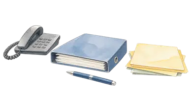 準州行政の仕事を表す書類、机、電話の概念画。実在の議場や公文書の複製ではありません