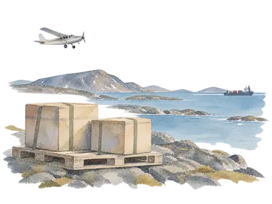 航空機、梱包された荷物と海上輸送を表す概念画。特定の航空会社、船型、現在の運航便ではありません