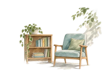 本棚と空の椅子で公共図書館を表した概念画。ジェームズタウンの図書館内装や所蔵資料の外見の再現ではありません