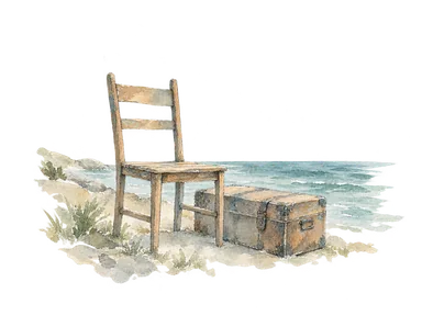 空の椅子と旅の箱、海で移動と記憶を象徴した概念画。解放アフリカ人の所持品、埋葬品、実際の記念碑や博物館展示の再現ではありません