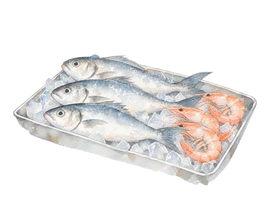 魚と海老を載せた市場のトレーの概念画