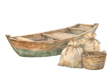 湖上交易の小舟と荷を表した歴史の概念画