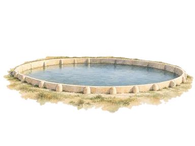 アグラブ朝の貯水池の低い周壁と丸い控え壁、水面を描いた水彩