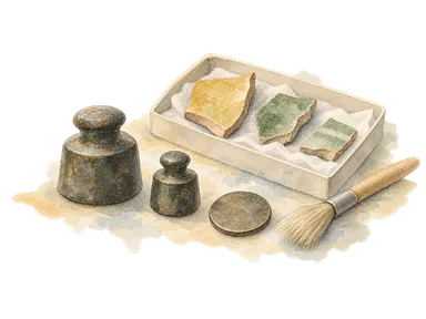 陶片と重り、刷毛を描いた博物館収蔵資料の概念画