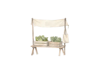 農産物の箱と小さな布屋根の売り場を描いた市場の概念画