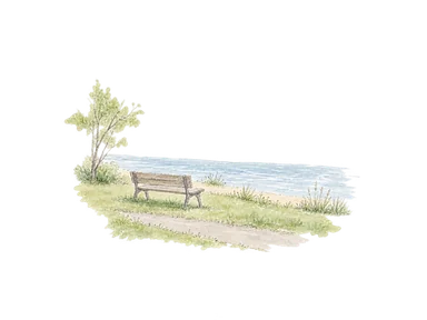 川岸の芝生と歩道、空のベンチで示すリバーサイド公園の概念画