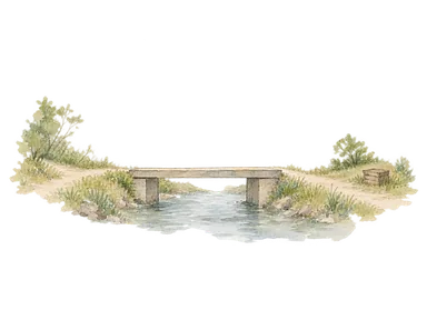 川をまたぐ簡素な橋と二本の道、離した小さな荷物を描く交通の概念画。カンポットの特定の橋の構造・位置・現在の本数や通行規制を再現しない。
