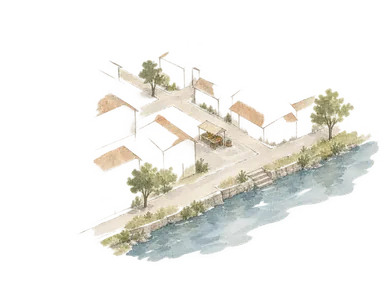 市場と街路の整備を表す概念画。無地の屋台と簡素な建物の輪郭、格子状の道、川辺を組み合わせ、1905年の市場建築や歴史的街並み・岸壁の実景は復元しない。