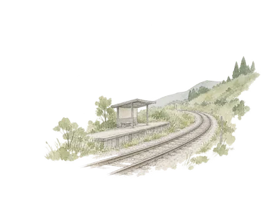 丘陵の鉄道を示す線路と無人の簡素なホームの概念水彩。実在駅舎・車両・橋を複製しない