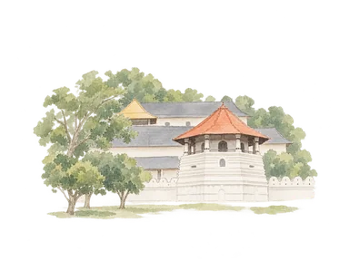 実写真の仏歯寺正面、八角堂の赤い屋根と白い壁・背後の低い堂を省略した水彩。像や儀礼を描かない