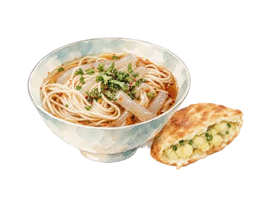 冷たい麺、香草とジャガイモ入り揚げパンによる料理の概念画。特定店の盛り付けや地域唯一の正統な配合を再現したものではありません