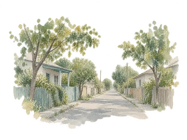 直線の通り、庭木と低い木造住宅の概念画。実在住宅や歴史的彫刻装飾の復元ではありません