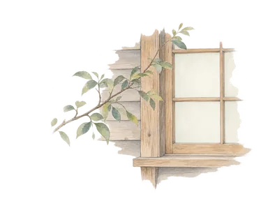 木造の住まいと庭を表す窓枠と枝の概念画