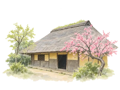 日本民家園の清宮家住宅の茅葺屋根と低い壁、手前の花木を簡略に描いた部分景