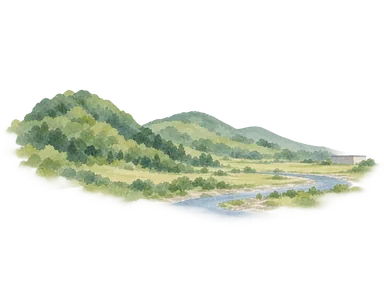 丸い丘陵と低地、小河川を描いた地形の概念図。川崎の実景や地図ではない