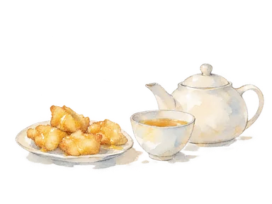 茶と菓子の生活文化を表す、無地の茶器と小さな揚げ菓子の概念画。特定の展示物の再現ではない