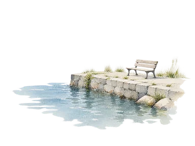 水辺の市街を表す、一般的な護岸と水面の概念画。正確な市街配置図ではない