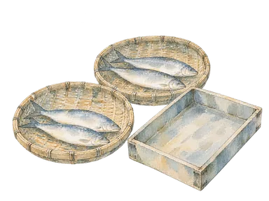 魚の仕分けと競りを表す籠と魚介の概念画