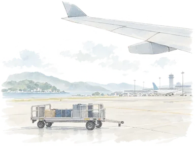 航空機の翼と荷物台車で国際空港の仕事を表す概念画。実際の機体、空港施設や基地、背景の地形を再現したものではありません