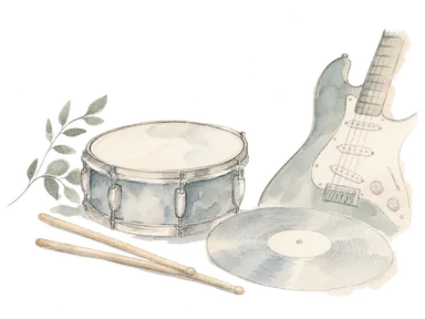 ドラム、ギター、レコードで音楽の町と展示分野を表す概念画。特定演奏家の楽器や博物館の展示品の再現ではありません