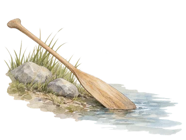土地と水辺の往来を表す、岸辺の草と無装飾の木の櫂の概念画