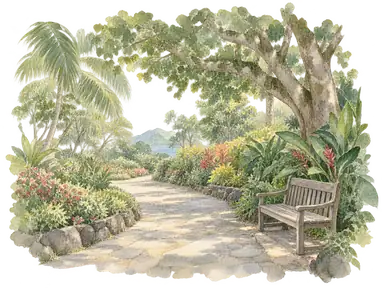 木陰の園路と植栽による植物園の概念画。実際の園内配置、特定の植物種や保全施設を再現していません