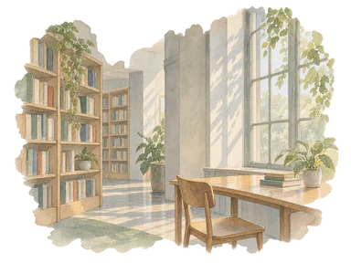 書架と読書席による図書館の概念画。旧カーネギー館や現在の国立公共図書館の内観を再現していません