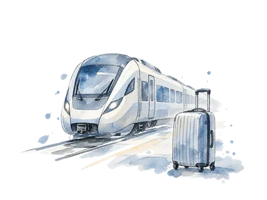 空港鉄道と荷物を表す列車とスーツケースの概念画。実車の再現ではない