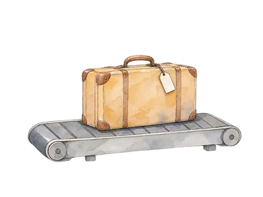 航空便への荷物の移送を表す鞄とベルトコンベヤーの概念画