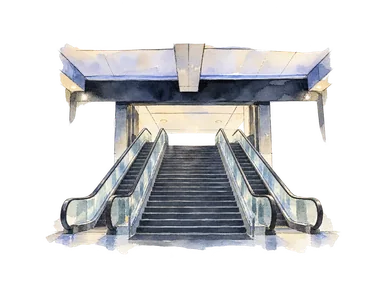 写真を参考にしたNUセントラル駅側入口の階段と左右エスカレーターの部分景